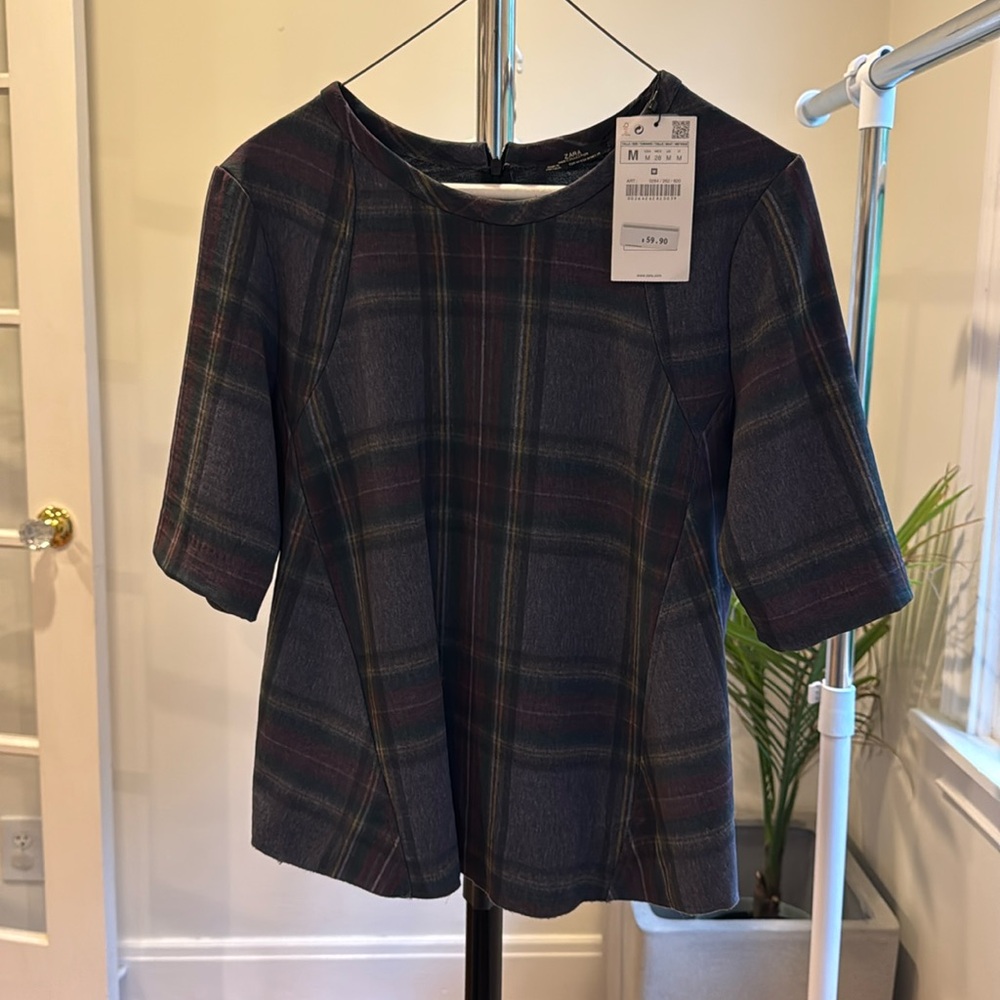 Zara Gray and Pink Plaid Fitted Blouse 3/4 Sleeve